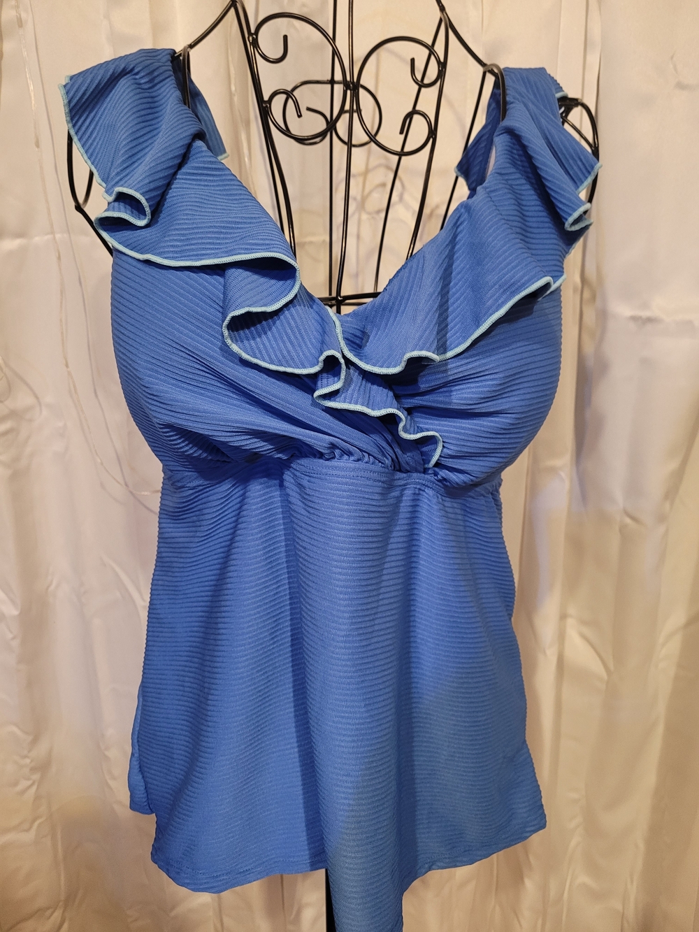 Amazon Blue Ruffle V-Neck Swim Top with Light Trim